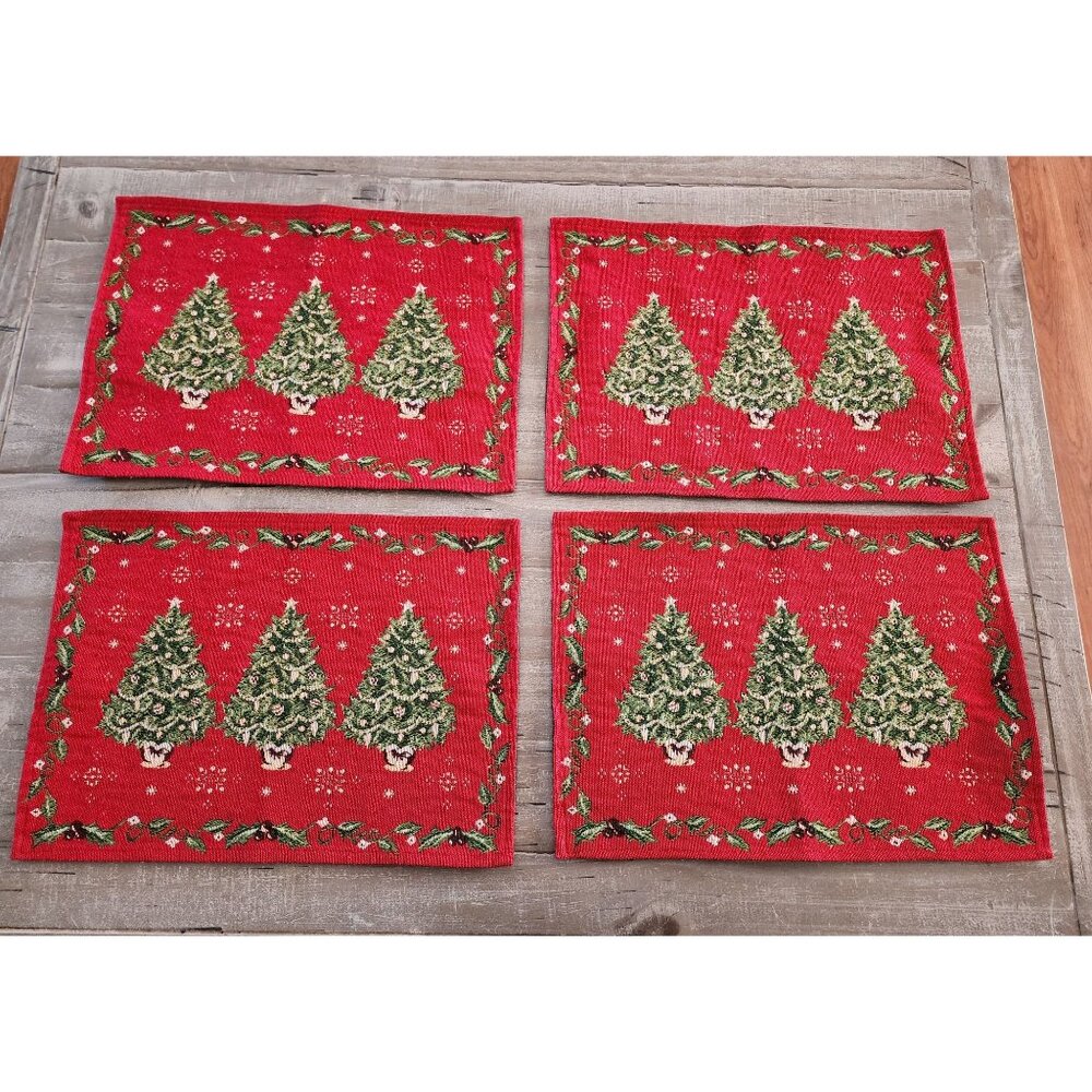 Festive Christmas Tree Woven Tapestry Placemats With Holly Border 17"by 12"